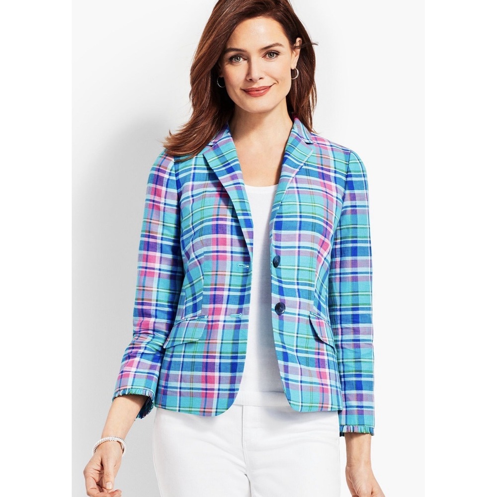 Talbots Women's Blue Madras Ruffle‎ Sleeve Linen Blend Blazer Plaid Pockets Sz 8